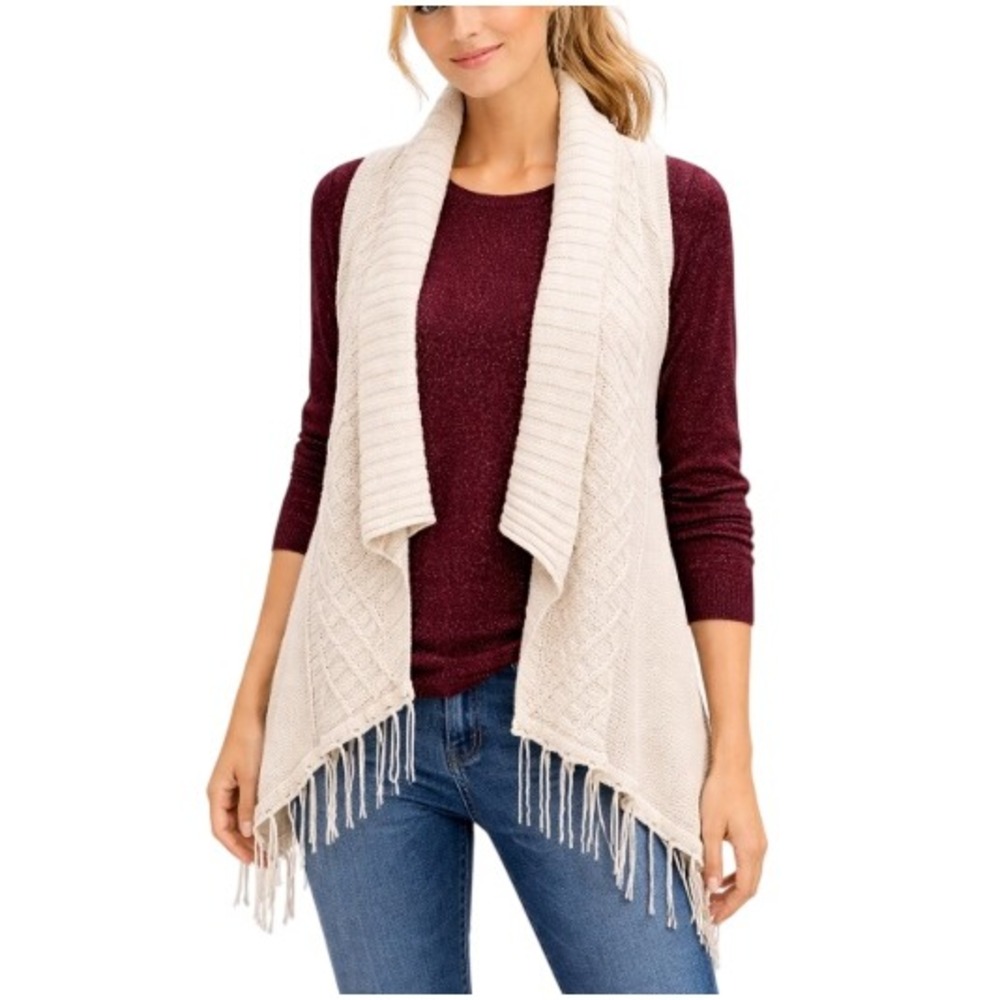 August Silk Beige Cable Knit Fringe Collar Sleeveless Shrug‎ Cardigan Size M